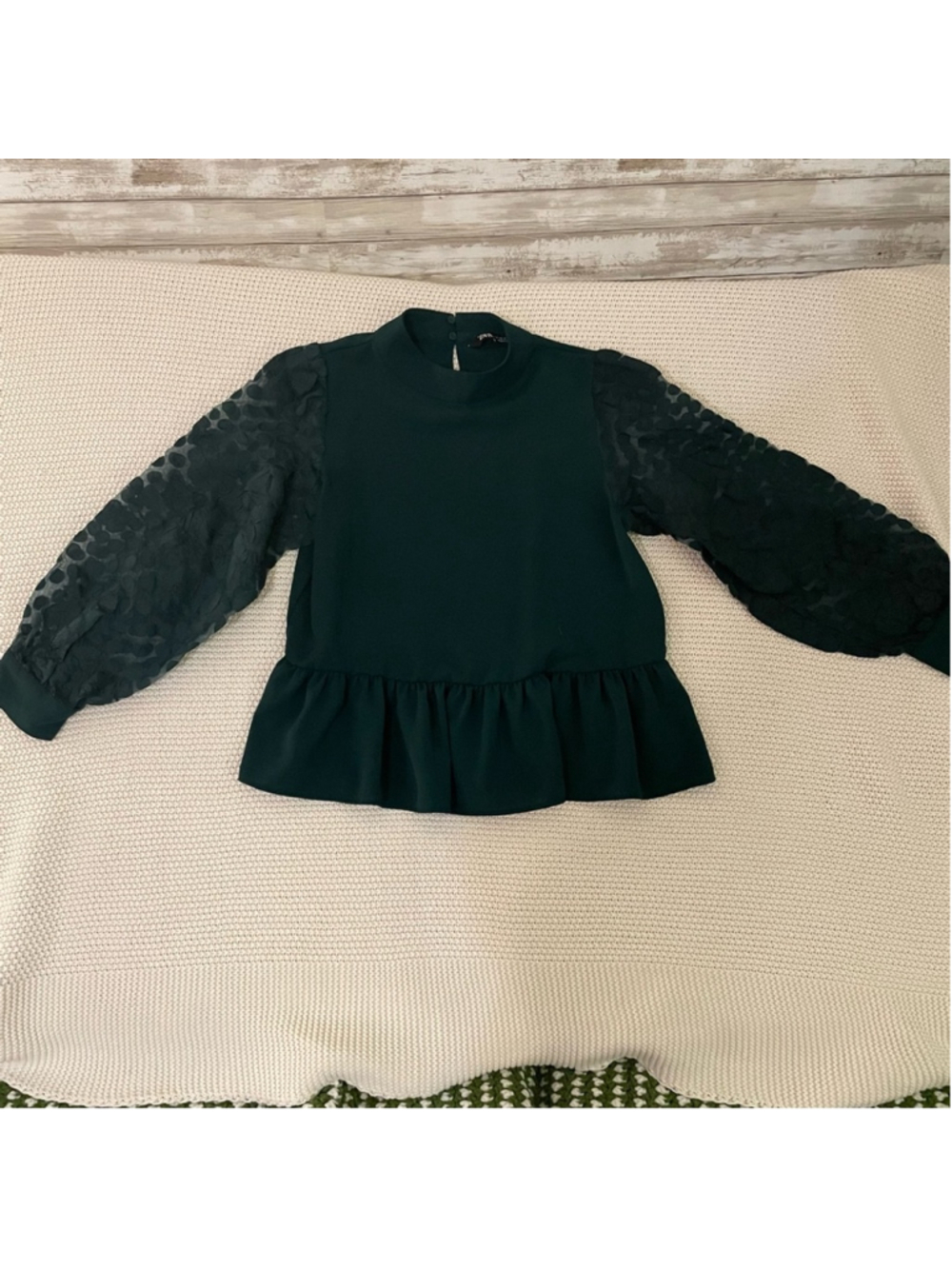 Zara Emerald Blouse with Textured Sleeves